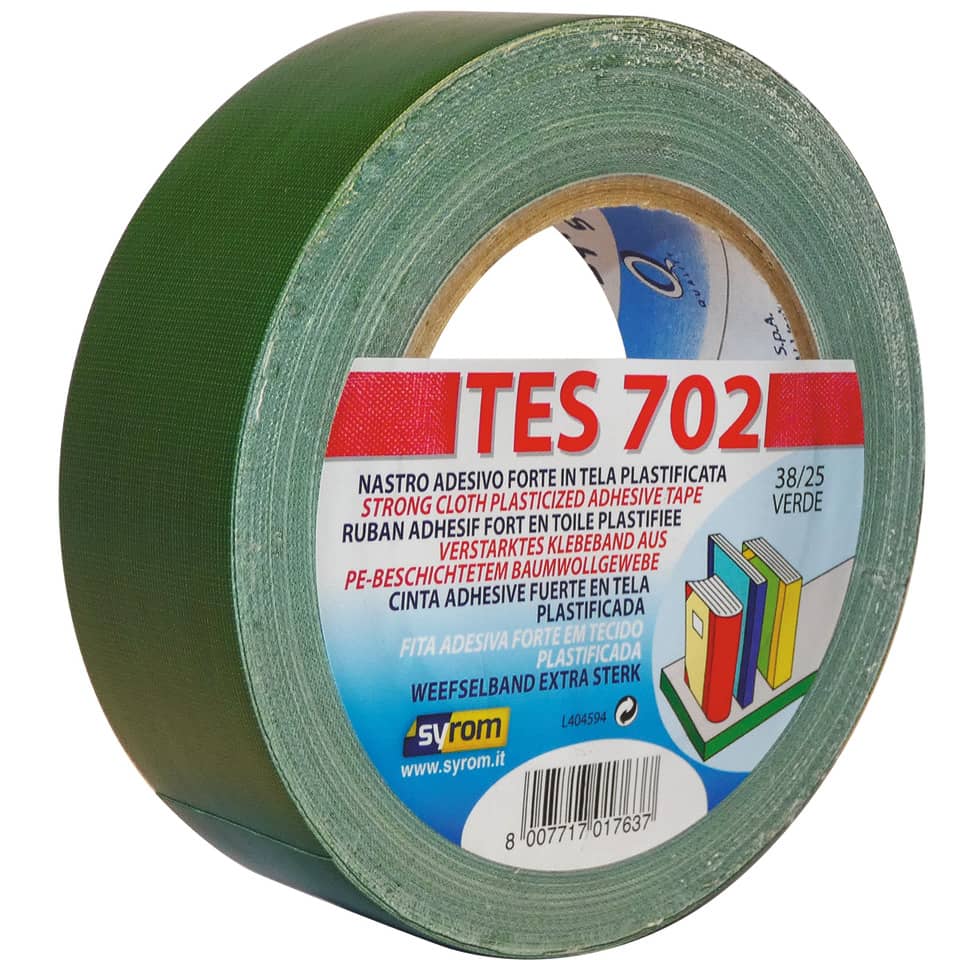 Nastro adesivo in tela Tes 702 SYROM formato 38mm x 25 m - materiale tela plastificata verde - 1763
