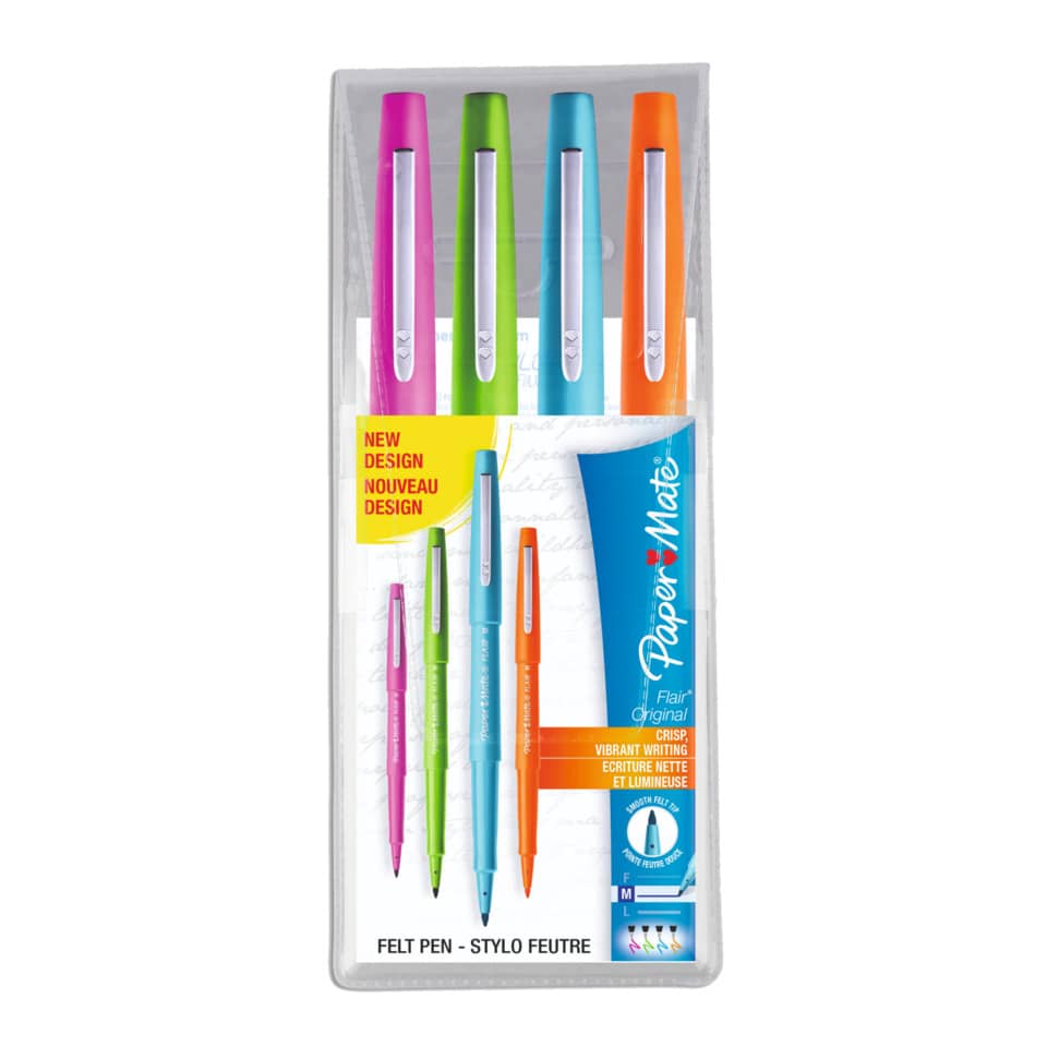Penne punta fibra Paper Mate Flair/Nylon M 1,1 mm assortiti (turchese, arancione, magenta, viola)  set da 4 - S0697071