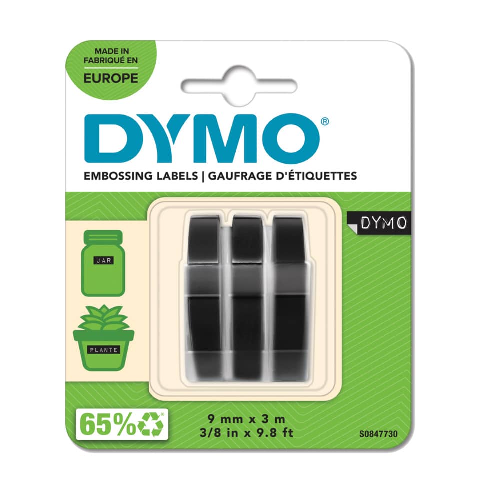 Nastri a rilievo per etichettatrici Dymo vinile 9 mm x 3 m bianco/nero blister da 3 - S0847730