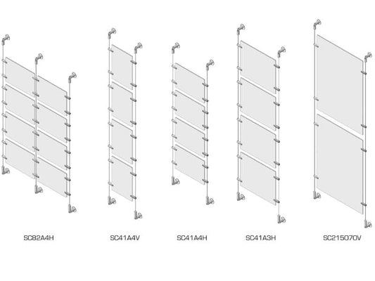 Sist. a cavetto 8 pannelli porta-avvisi Tecnostyl A4 in acril. 70x4,5x400 cm con viti+tass. fiss.a parete silver-SC82A4H