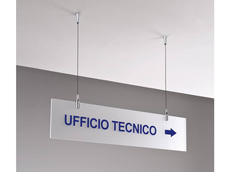 Targa sospesa in acrilico bisatinato 60x15 cm Tecnostyl con cavetti per fissaggio soffitto silver/bianco- TS6015