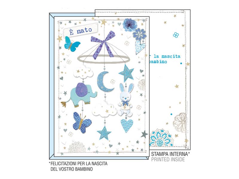 Biglietti augurali Kartos "Nascita" giostrina azzurra e argento con rilievo 17802601A