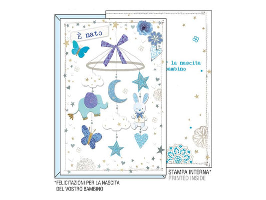 Biglietti augurali Kartos "Nascita" giostrina azzurra e argento con rilievo 17802601A