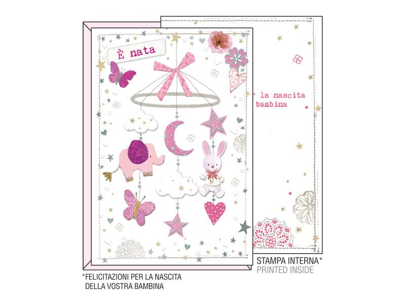 Biglietti augurali Kartos "Nascita" giostrina rosa e argento con rilievo 17802701A