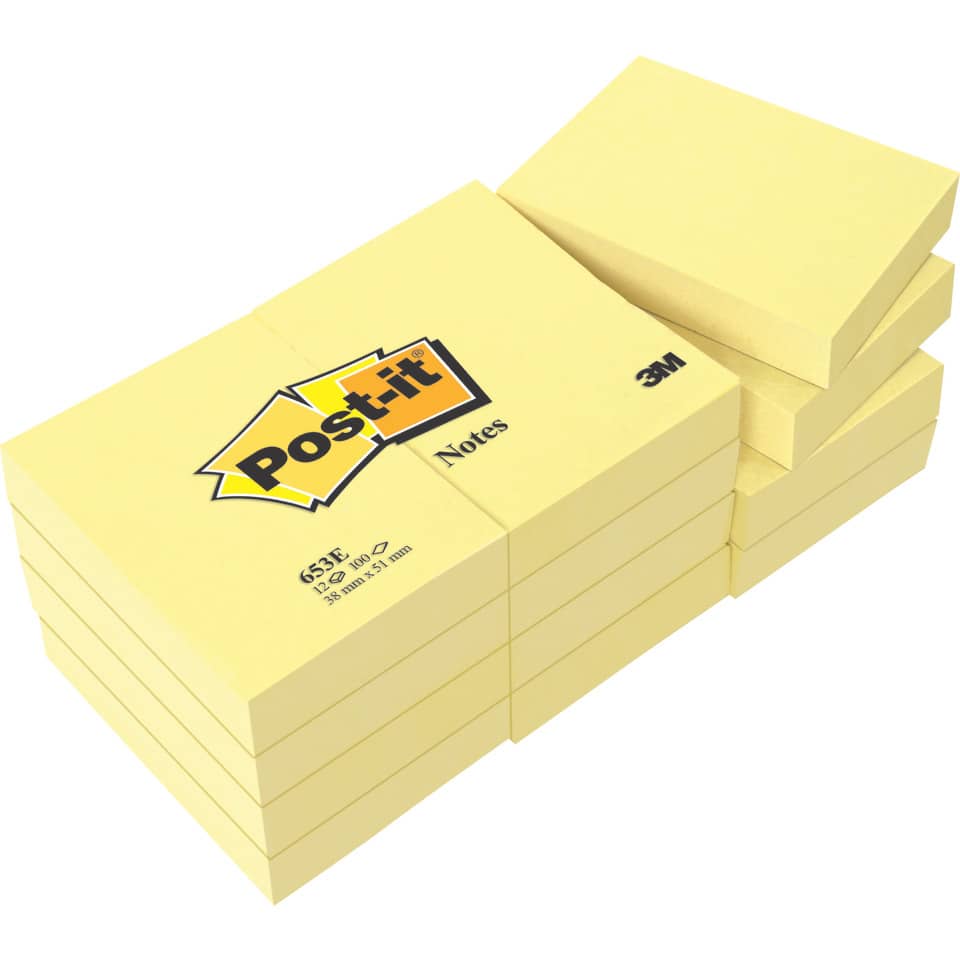 Foglietti riposizionabili classici Post-it® Notes 38x51 mm 100 ff Giallo Canary™  conf. da 12 - 653E