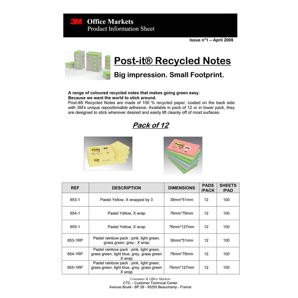 Foglietti Post-it® Notes Giallo in carta riciclata conf. torre da 24 blocchetti da 100 ff - 653-1T