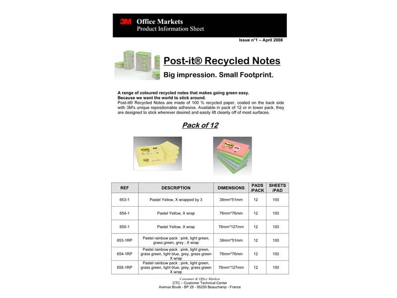 Foglietti Post-it® Notes Giallo in carta riciclata conf. torre da 24 blocchetti da 100 ff - 653-1T