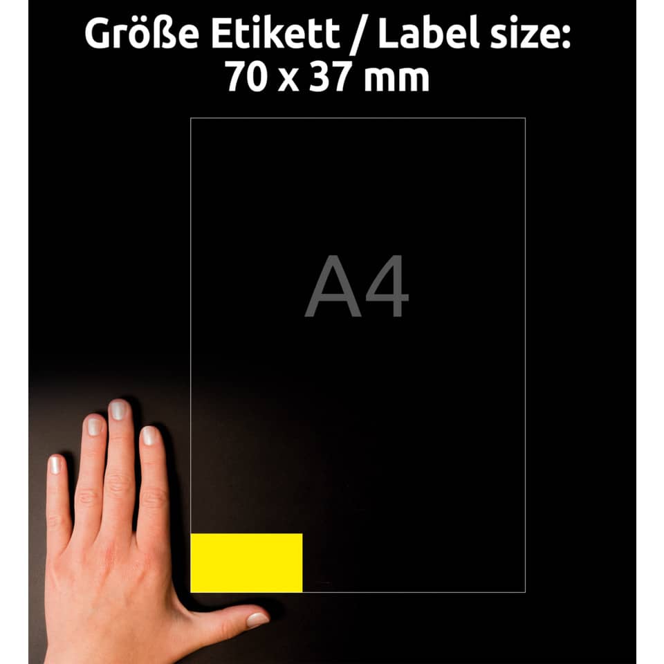 Etichette permanenti poliestere giallo Avery 70x37 mm - 24 et/foglio - per stampanti laser - cf. 20 fogli L6131-20