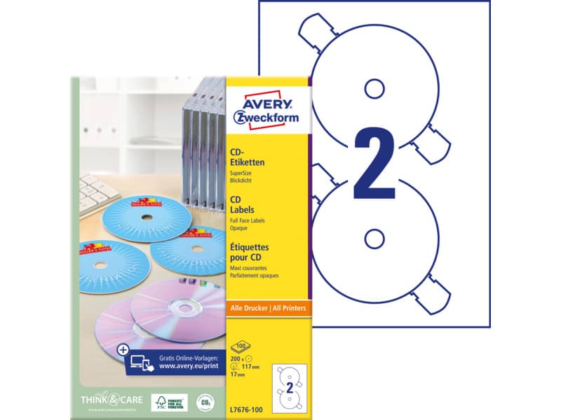 Etichette per CD AVERY finitura coprente Ø 117 mm - 2 et/foglio - per Laser - bianche - conf. 100 fogli - L7676-100