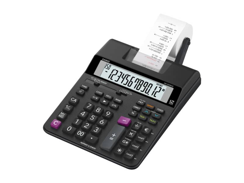 Mini calcolatrice scrivente Casio HR-200RCE-W con batteria, stampa a 2 colori e display a 12 cifre - HR-200RCE