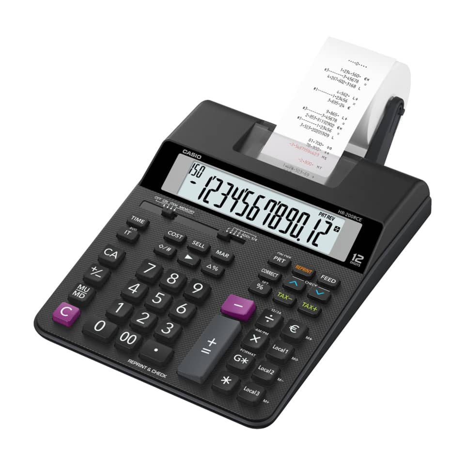 Mini calcolatrice scrivente Casio HR-200RCE-W con batteria, stampa a 2 colori e display a 12 cifre - HR-200RCE