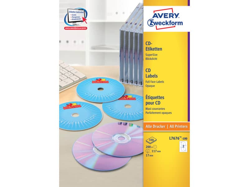 Etichette per CD AVERY finitura coprente Ø 117 mm - 2 et/foglio - per Laser - bianche - conf. 100 fogli - L7676-100