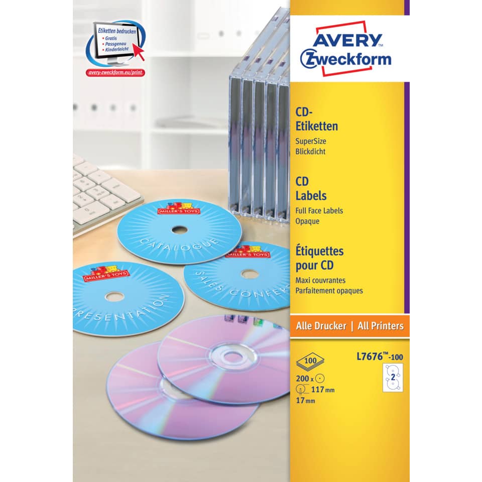 Etichette per CD AVERY finitura coprente Ø 117 mm - 2 et/foglio - per Laser - bianche - conf. 100 fogli - L7676-100