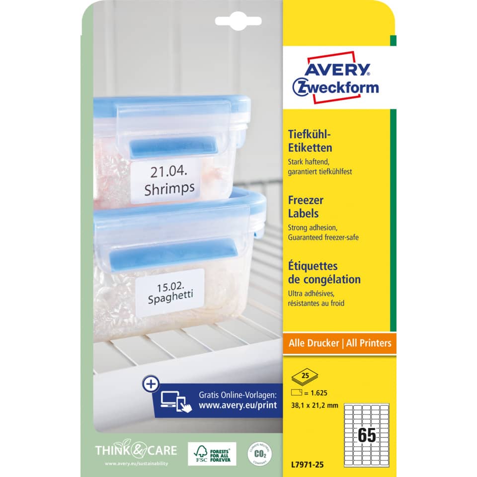 Etichette permanenti per freezer Avery 38,1x21,1 mm bianco - 65 et./foglio laser/inkjet - cf. 25 fogli L7971-25