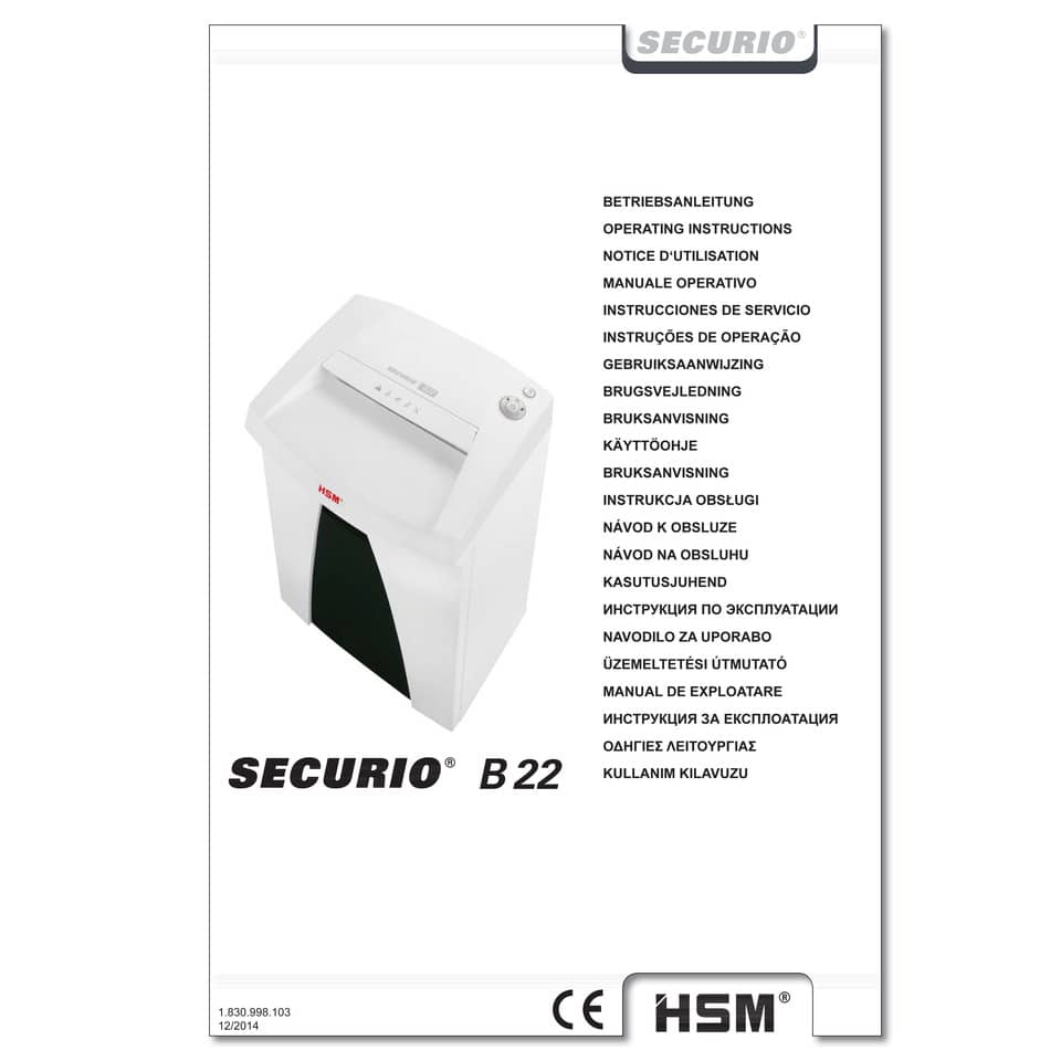 Distruggidocumenti uso moderato HSM SECURIO B22 - P-2 - 33 L - taglio a strisce 5,8 mm - bianco - 1831121