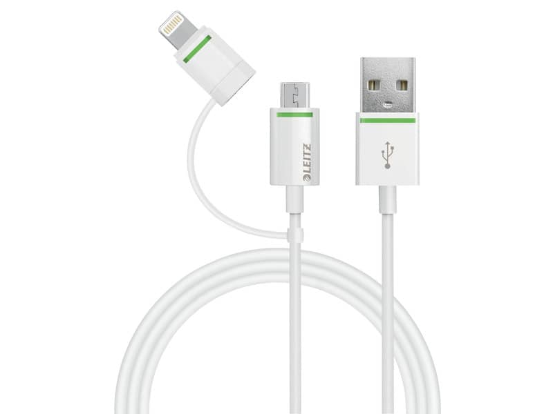 Cavo da USB a micro USB reversibile da 1m Leitz con adattatore Lightning bianco 63080001