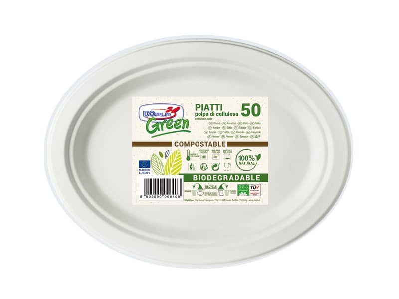 Piatti ovali monouso biodegradabili Dopla Green 26x19,5 cm polpa di cellulosa bianco conf.50 - 7705