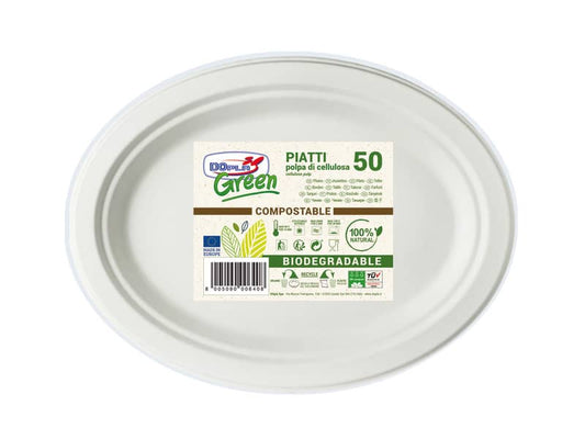 Piatti ovali monouso biodegradabili Dopla Green 26x19,5 cm polpa di cellulosa bianco conf.50 - 7705