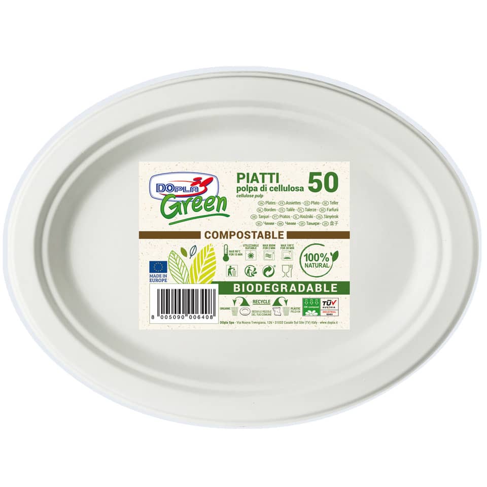 Piatti ovali monouso biodegradabili Dopla Green 26x19,5 cm polpa di cellulosa bianco conf.50 - 7705