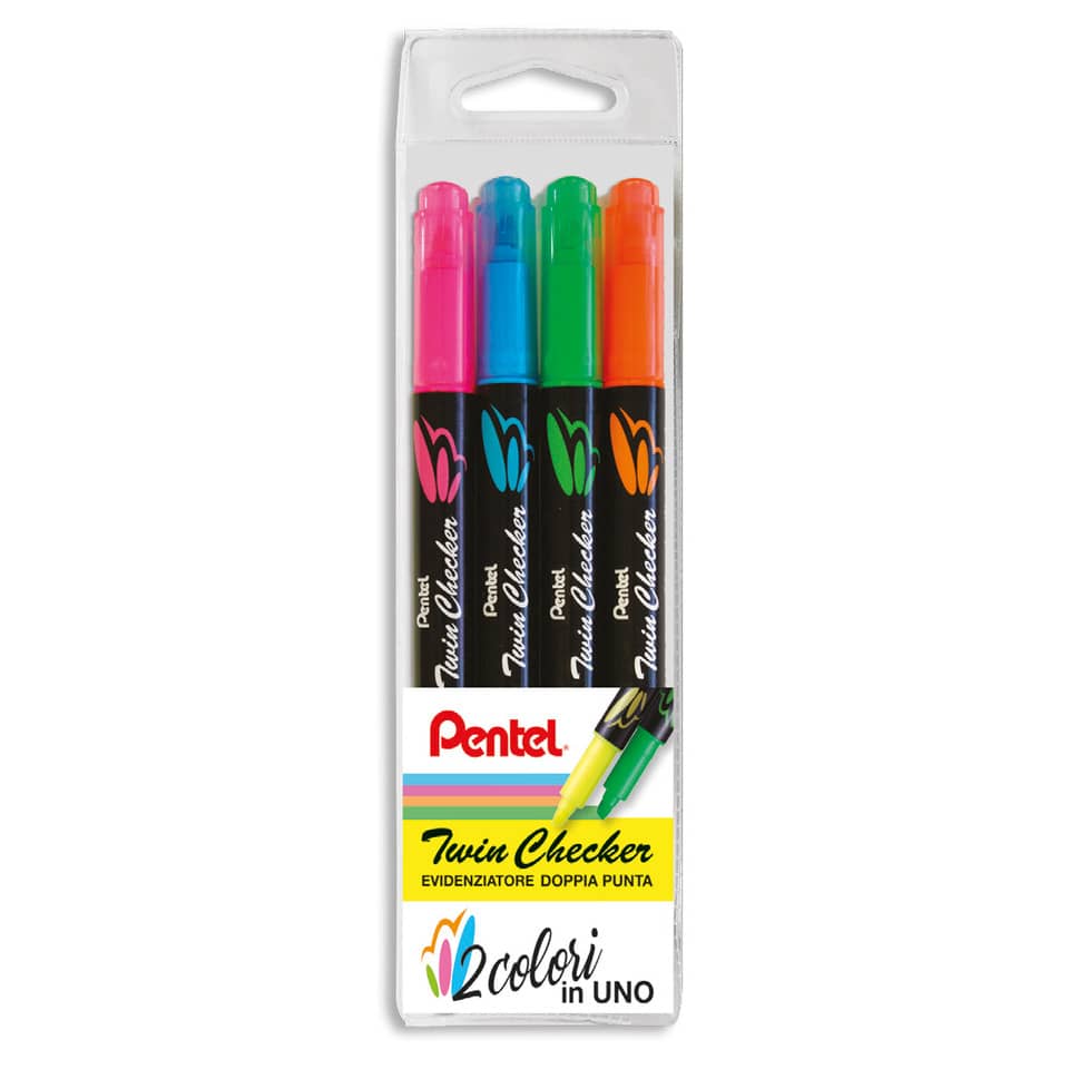 Evidenziatori Pentel Twin Checker a doppia punta 1-3 mm assortiti Conf. 4 pezzi - 0022142