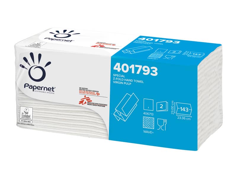 Asciugamani interfogliati piegati a Z Papernet 2 veli - 23x23,5 cm - bianco - fascetta da 143 fogli - 401793