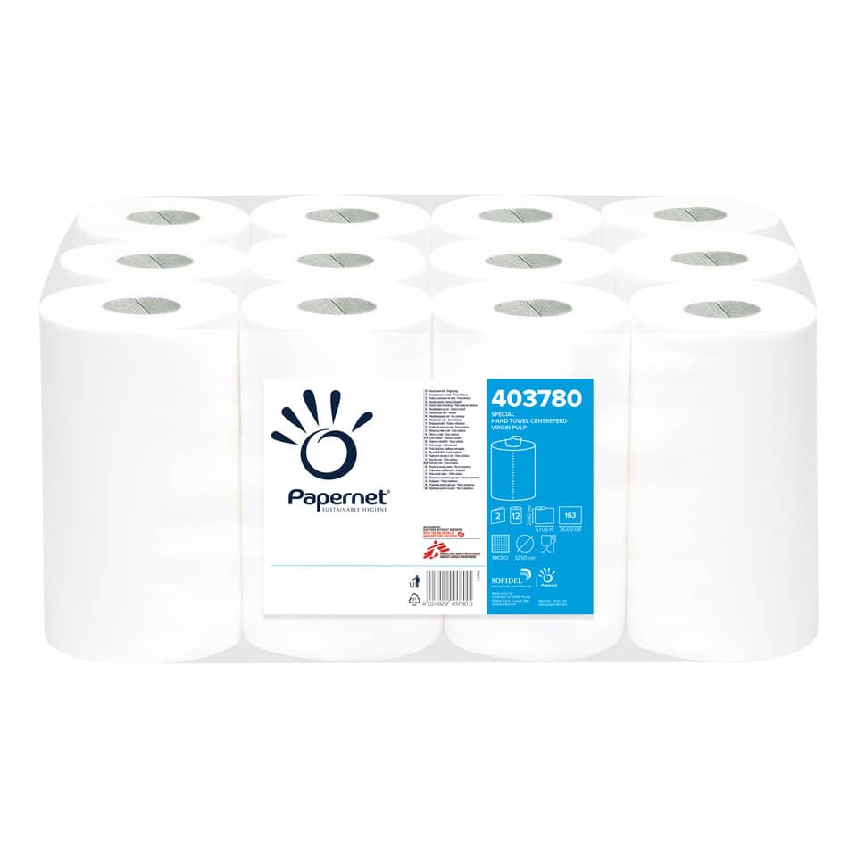 Asciugamani in Rotolo a devolgimento Papernet - 163 strappi - 2 veli - 21,4x35 cm - Conf. 12 pezzi - 403780