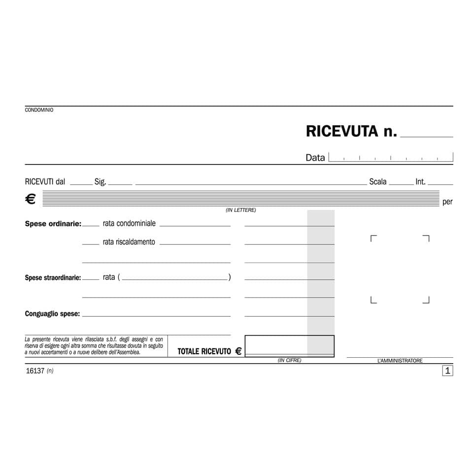 Blocco ricevute di condominio data ufficio 10x16,8 cm - 50x2 copie autoricalcanti - DU161370000