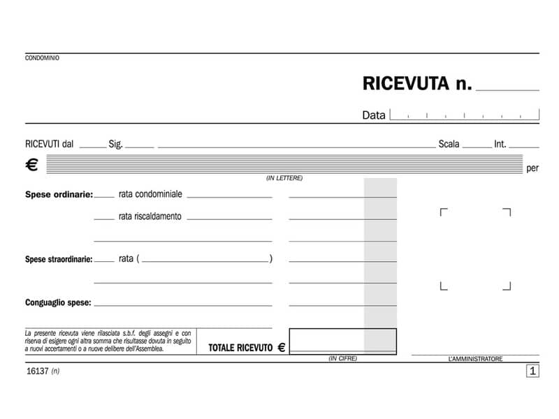 Blocco ricevute di condominio data ufficio 10x16,8 cm - 50x2 copie autoricalcanti - DU161370000