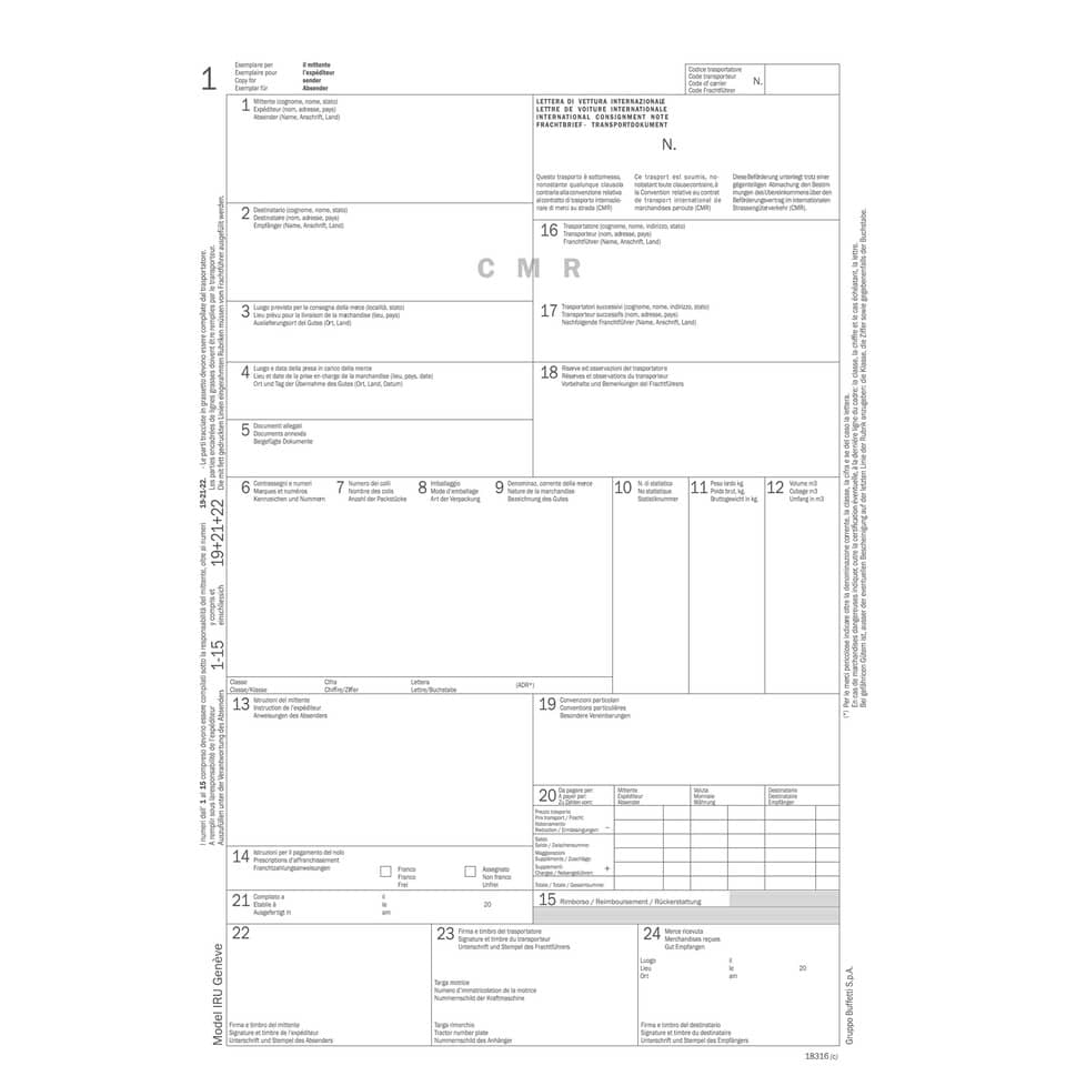 Lettera di vettura internazionale (CMR) data ufficio snap out-21x31 cm 50x5 copie autoricalc. - cf 50 pz DU183160000