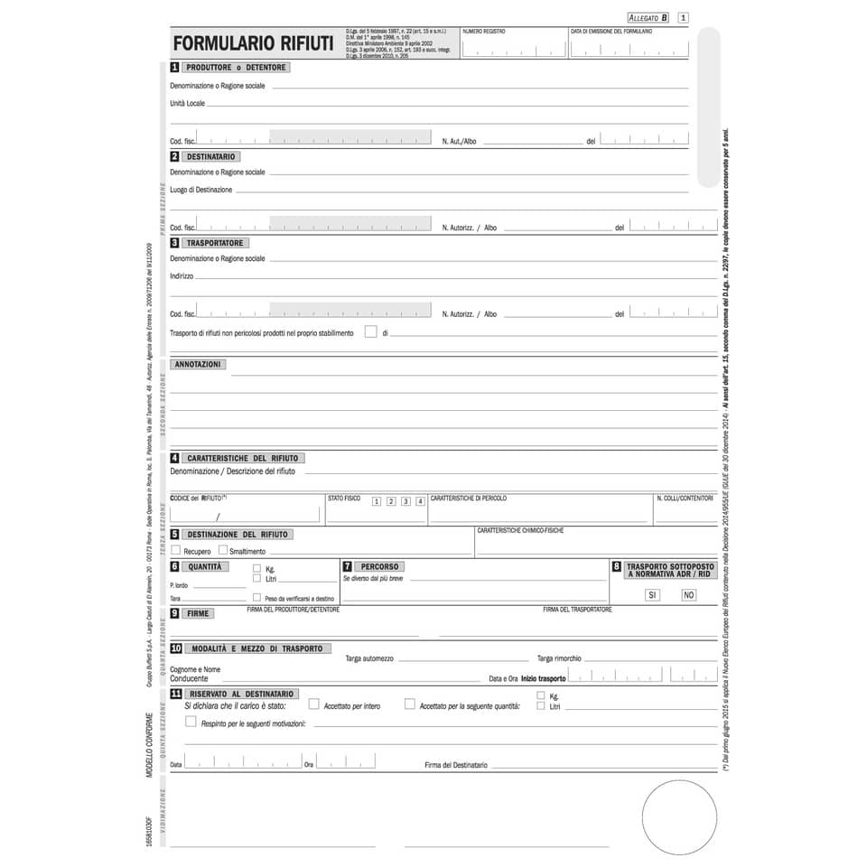 Blocco Formulario identificazione rifiuti trasportati Data Ufficio 29,7 x 21,5 cm 25x4 copie autoric. DU16581030F