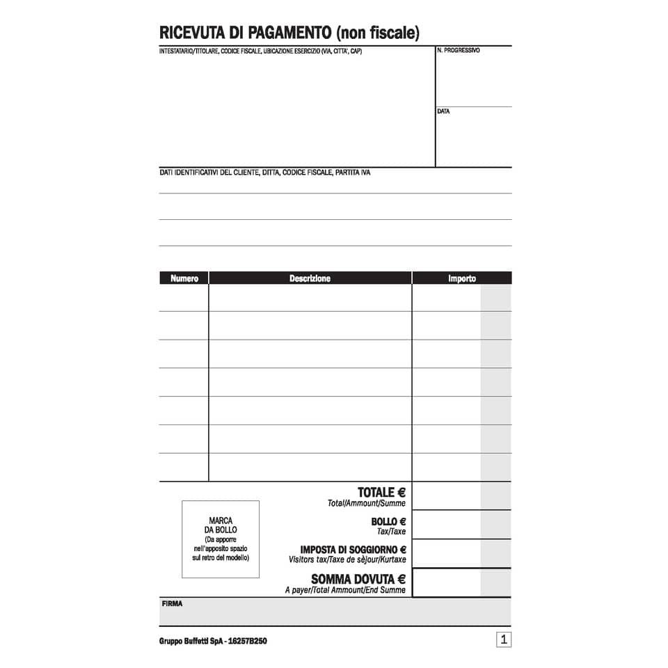 Ricevuta di pagamento B&B/Affittacamere data ufficio - blocco 25x2 copie autoricalcanti 16,8x10 cm DU16257B250