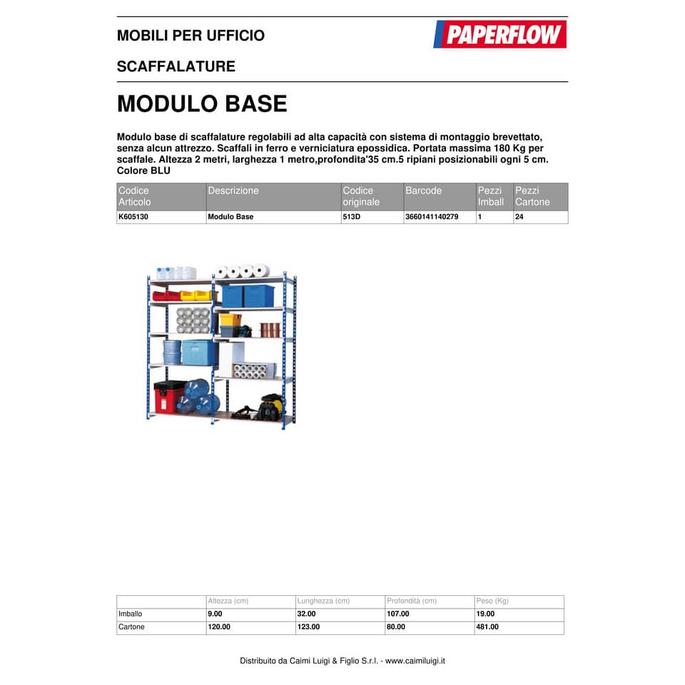 Modulo base scaffalatura Paperflow ad incastro RANG'ECO regolabile - 5 ripiani blu - K605130