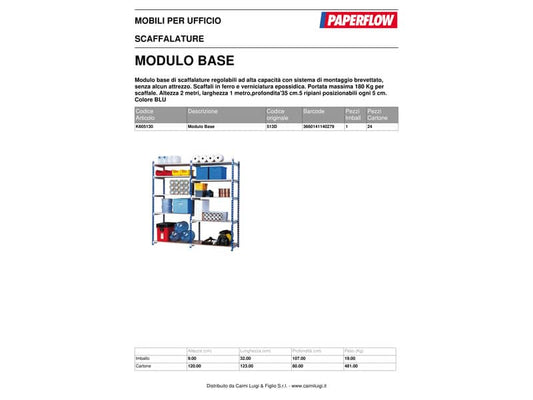 Modulo base scaffalatura Paperflow ad incastro RANG'ECO regolabile - 5 ripiani blu - K605130
