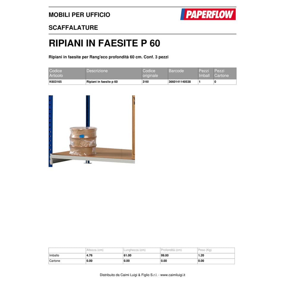 Ripiani per scaffalatura Paperflow RANG'ECO ad incastro regolare faesite beige 100x60 cm  Conf. 3 pezzi - K603165