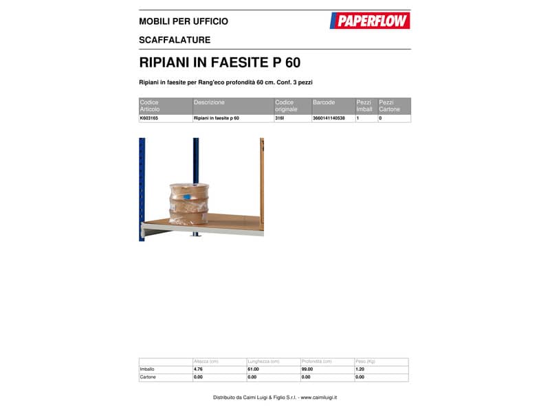 Ripiani per scaffalatura Paperflow RANG'ECO ad incastro regolare faesite beige 100x60 cm  Conf. 3 pezzi - K603165