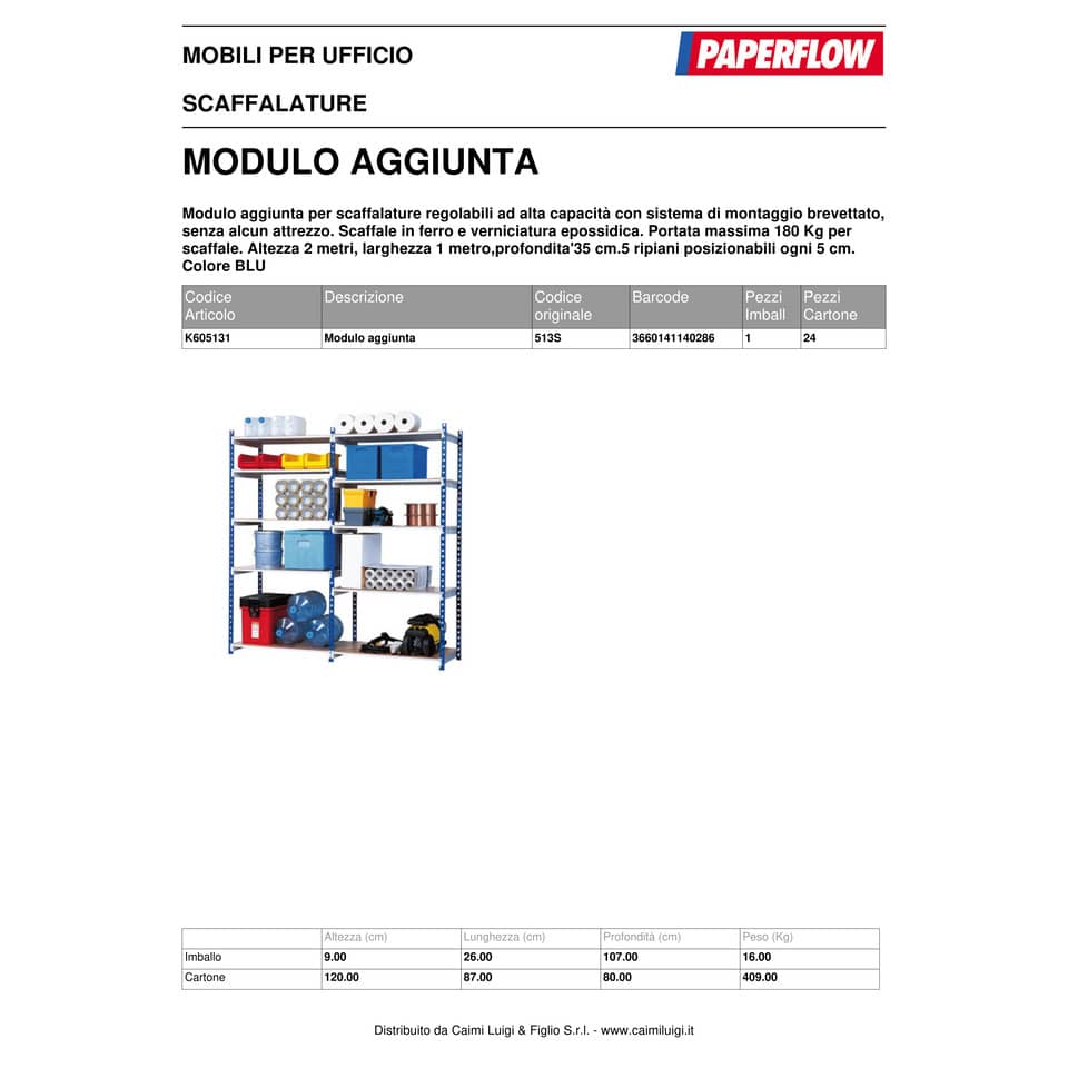 Modulo aggiuntivo per scaffalatura Paperflow ad incastro RANG'ECO regolabile - 5 ripiani blu - K605131