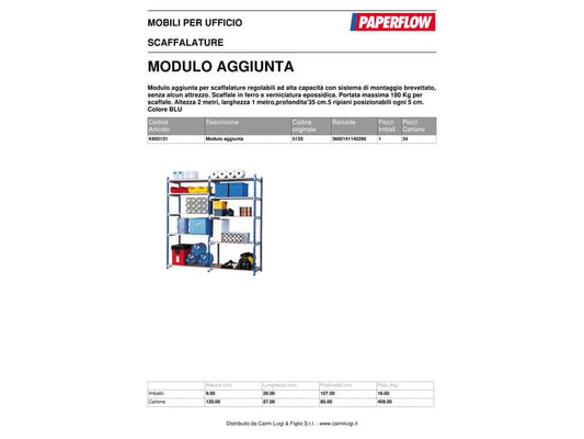 Modulo aggiuntivo per scaffalatura Paperflow ad incastro RANG'ECO regolabile - 5 ripiani blu - K605131