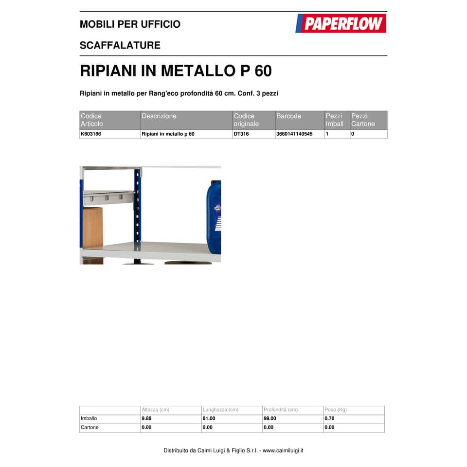 Ripiani per scaffalatura Paperflow RANG'ECO incastro regolabile grigio 100x60 cm  Conf. 3 pezzi - K603166