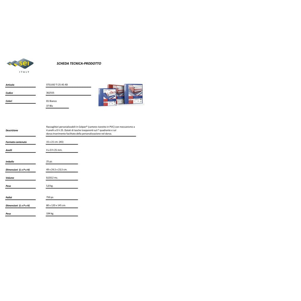 Raccoglitore personalizzabile Sei Rota Stelvio TI A5 - 4 anelli D 25 mm bianco dorso 4 cm - 36255501