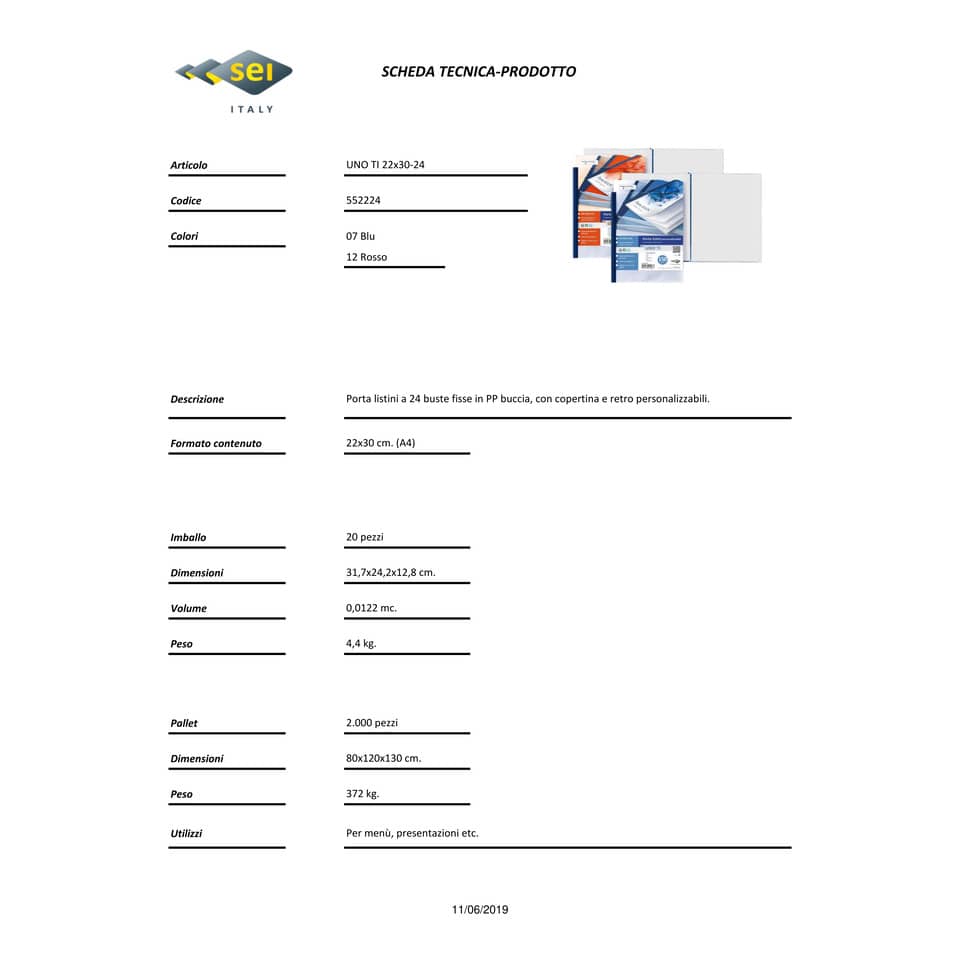 Portalistini personalizzabile in PP Sei Rota Uno TI - PP buccia - 24 buste A4 blu - 55222407