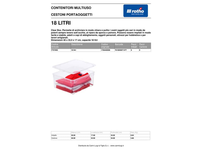 Contenitore Rotho Clear Box in PPL impilabile trasparente - 18 L 40x33,5x17 cm - F707805