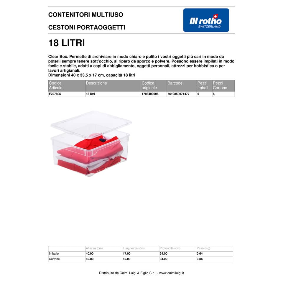 Contenitore Rotho Clear Box in PPL impilabile trasparente - 18 L 40x33,5x17 cm - F707805