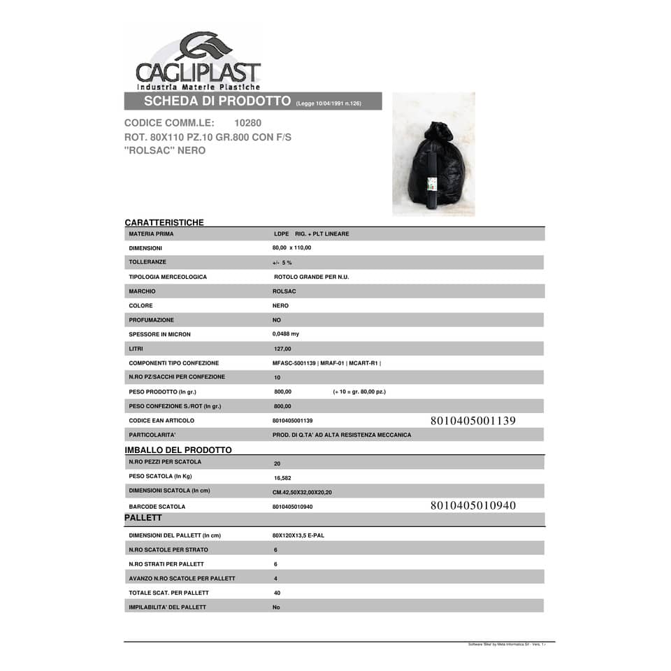 Sacchi immondizia Rolsac Quality in polietilene rigenerato capacità 127 l NERO rotolo da 10 pz. - 10280