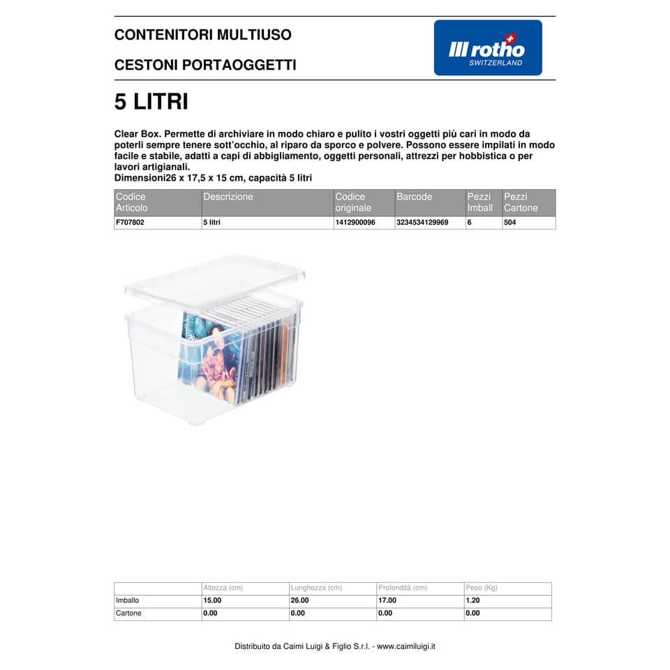 Contenitore Rotho Clear Box in PPL impilabile trasparente - 5 L 26x17,5x15 cm - F707802