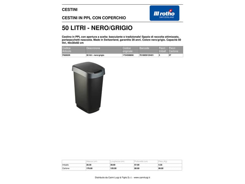 Cestino gettacarte Rotho con coperchio basculante nero/grigio - 50 l F600029