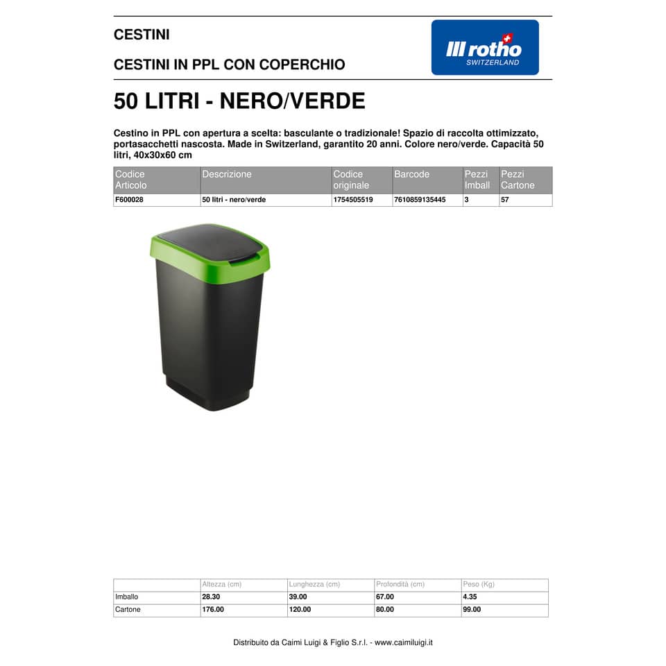 Cestino gettacarte Rotho con coperchio basculante nero/verde - 50 l F600028