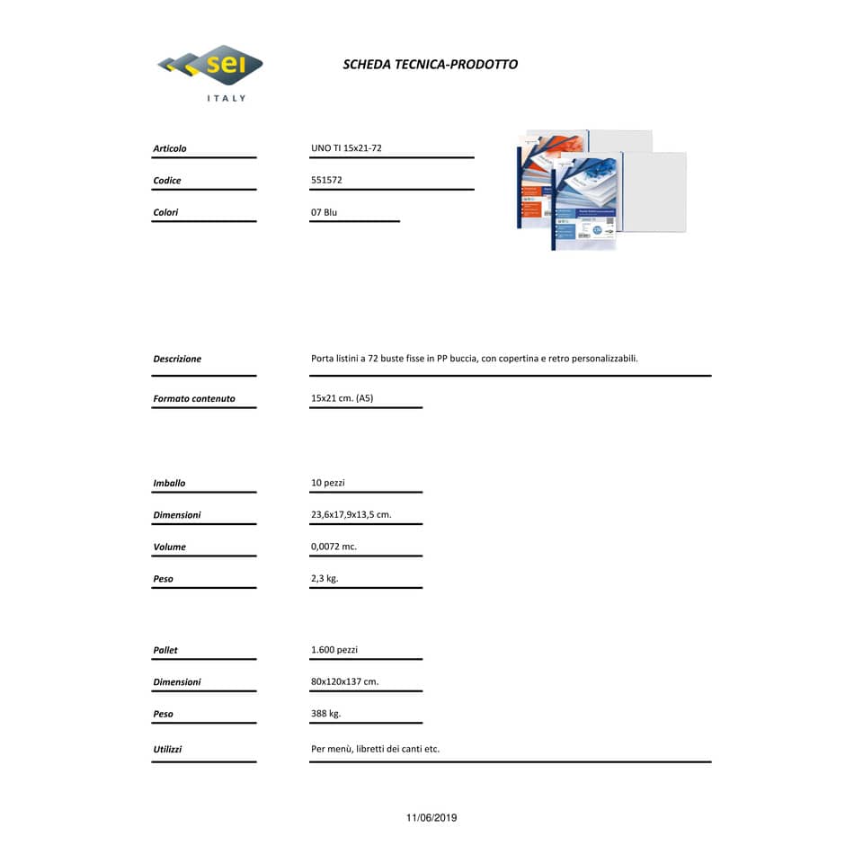 Portalistini personalizzabile in PP Sei Rota Uno TI - PP buccia - 72 buste A5 blu - 55157207