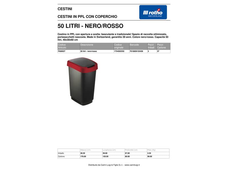 Cestino gettacarte Rotho con coperchio basculante nero/rosso - 50 l F600027