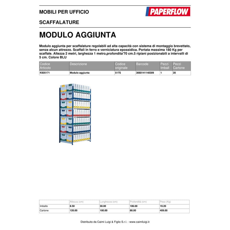 Modulo aggiuntivo per scaffalatura Paperflow ad incastro RANG'ECO regolabile - 5 ripiani blu - K605171