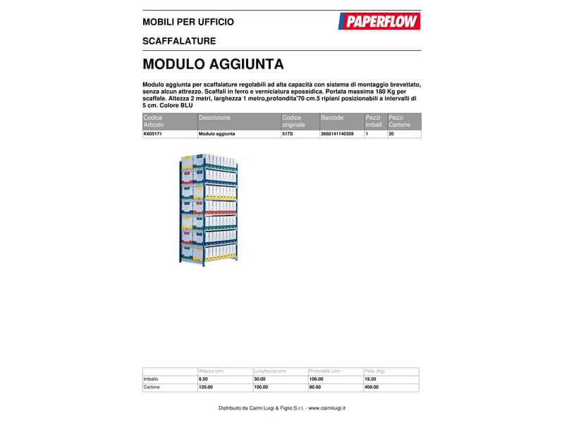 Modulo aggiuntivo per scaffalatura Paperflow ad incastro RANG'ECO regolabile - 5 ripiani blu - K605171